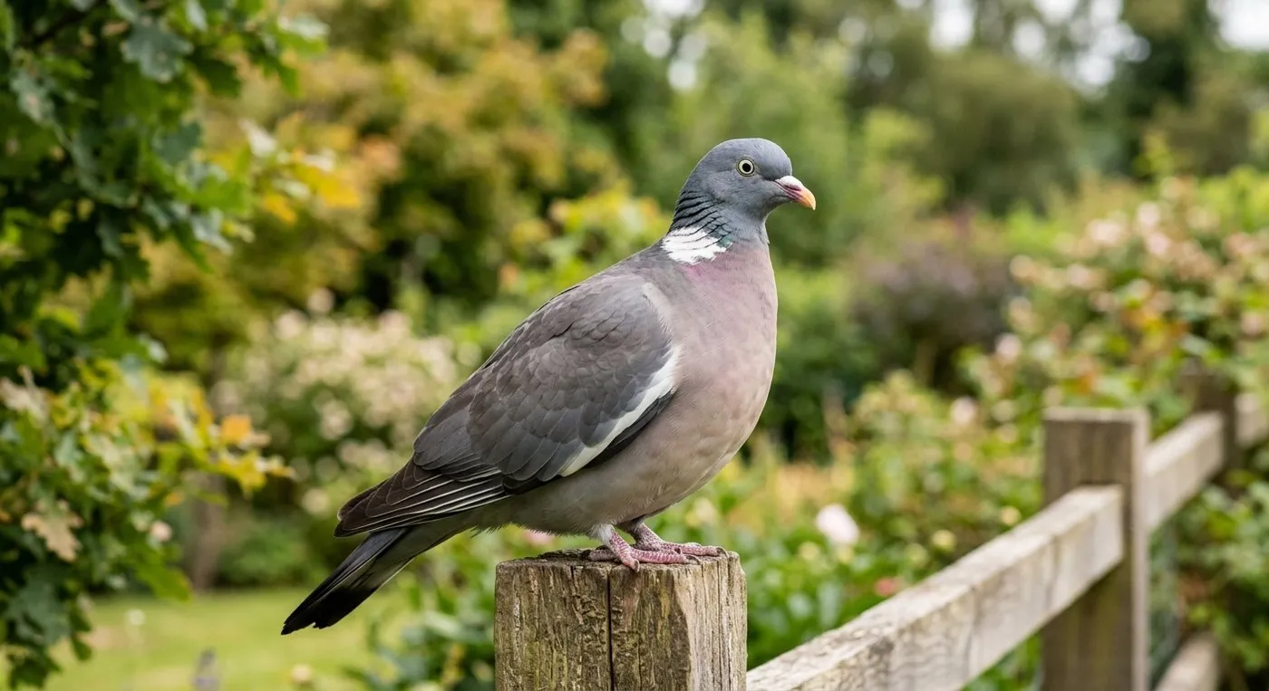 Common garden birds woodpigeon with grey plumage and white neck patch perched on a garden fence