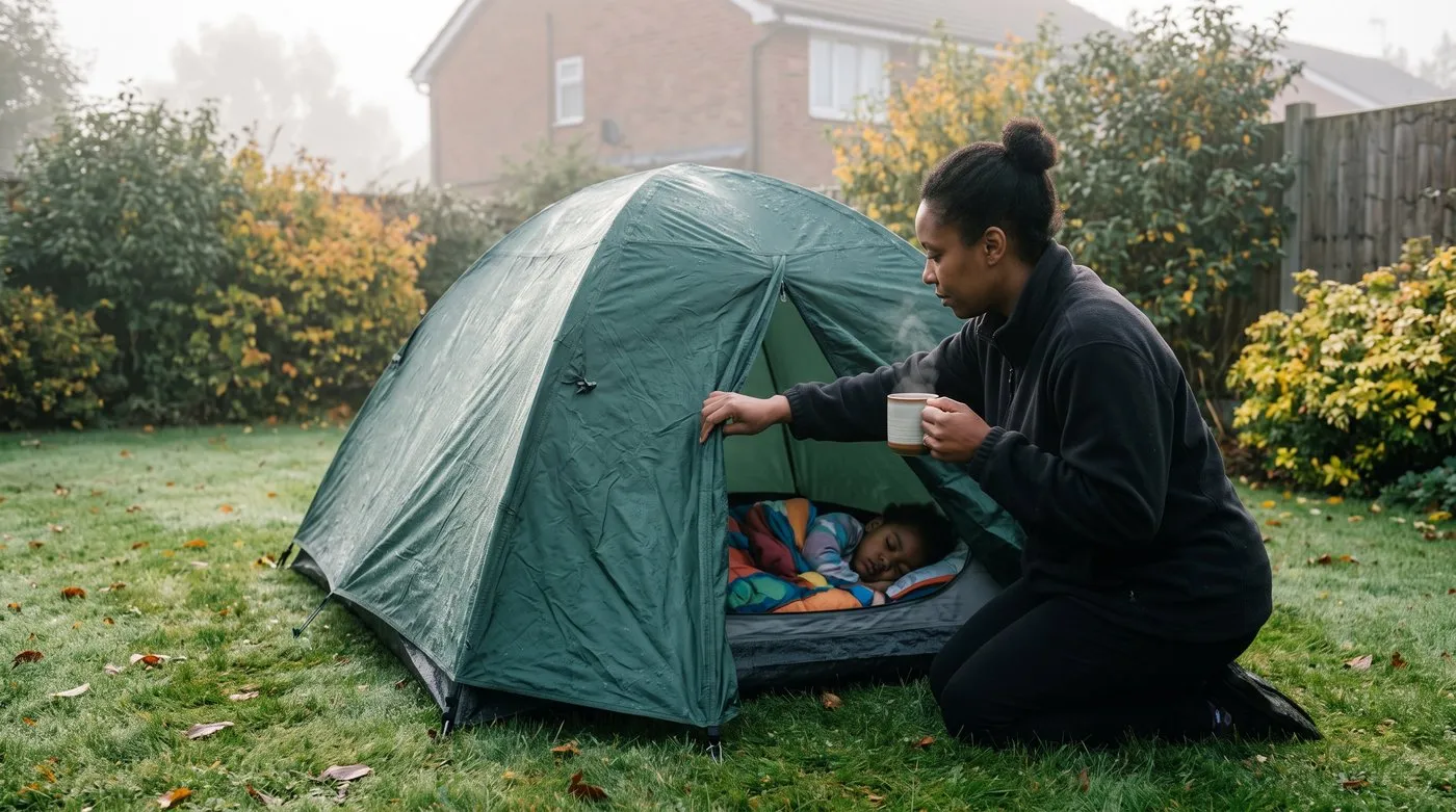 Mother unzipping a dew-covered tent on a misty lawn on an early September morning with a mug of tea