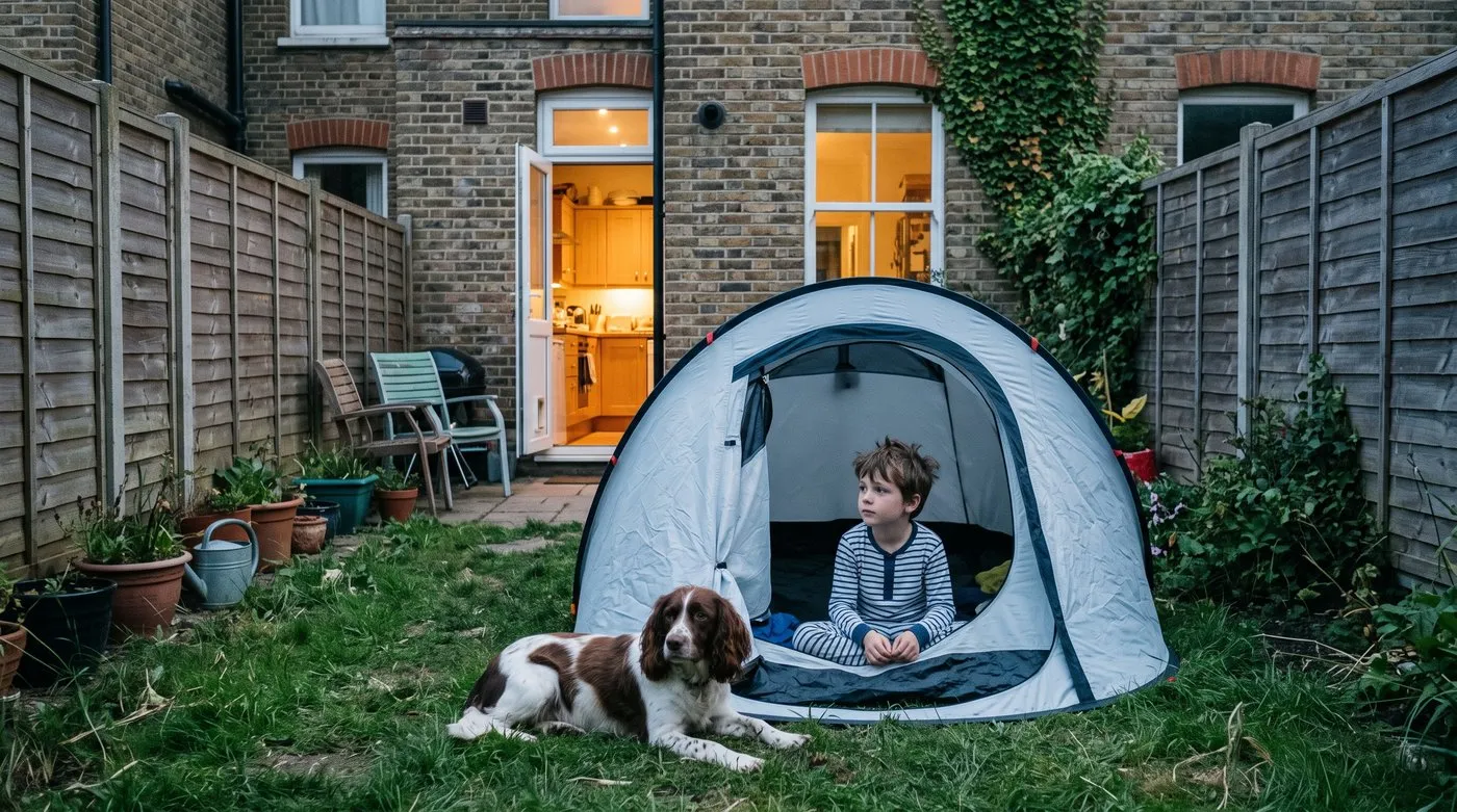 Boy in pyjamas in a tent doorway on a small lawn with a spaniel beside him and the back door open behind