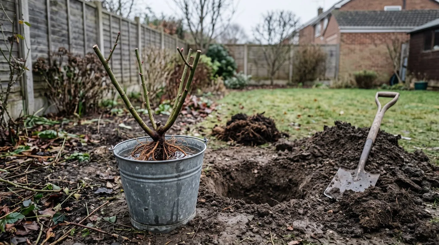 Bare-root rose soaking in a bucket of water beside a dug planting hole in a winter border