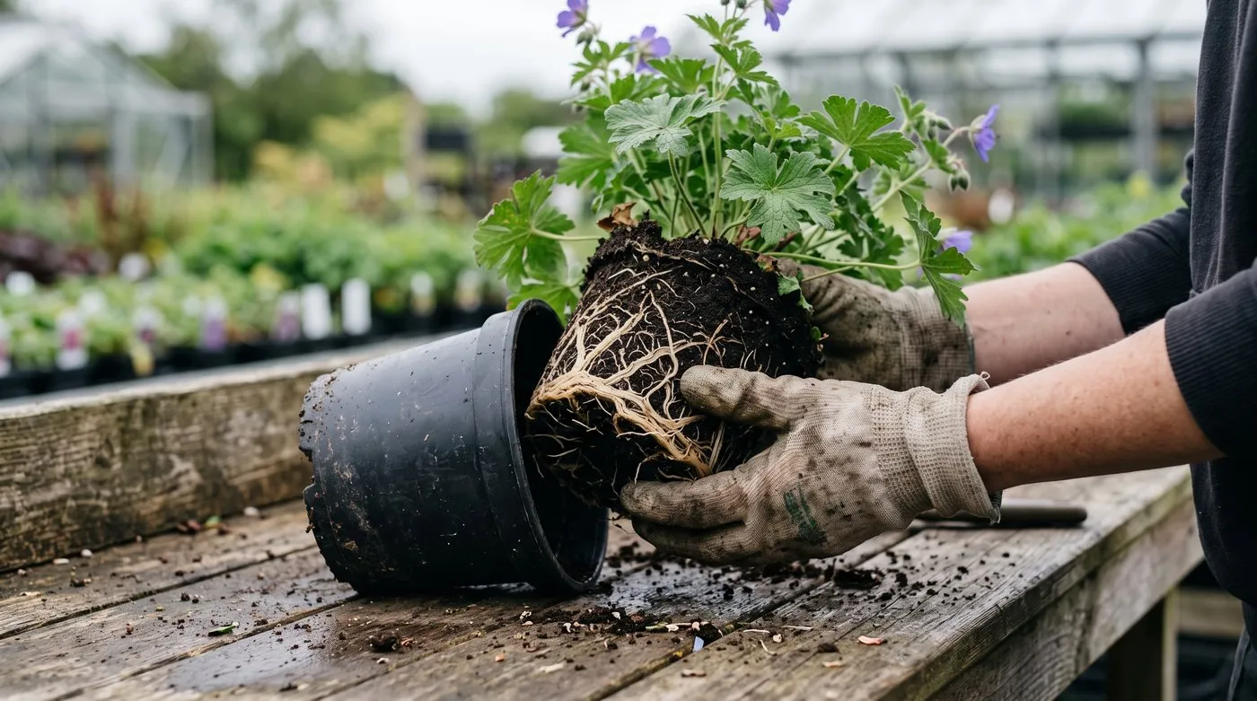 Plant tipped out of its pot showing healthy pale roots spread through the compost before buying