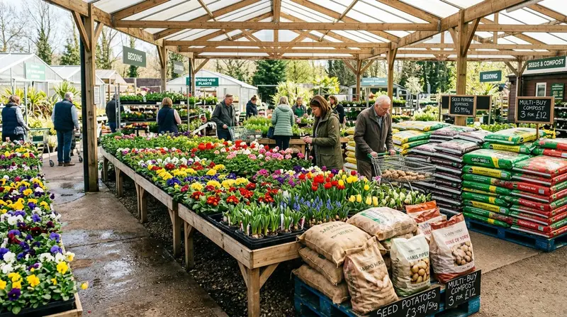 Spring display at a garden centre with colourful bedding plants and bags of compost