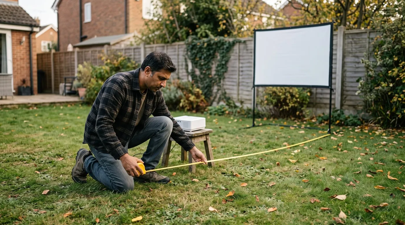 Man measuring the distance from a projector to a pop-up garden cinema screen with a tape measure on a lawn