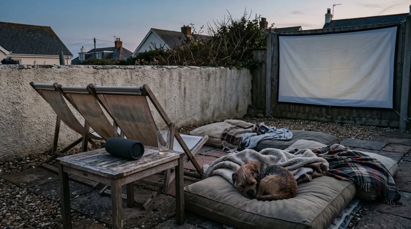 Portable speaker on a side table facing deckchairs and cushions in a small garden at dusk, with a terrier curled up