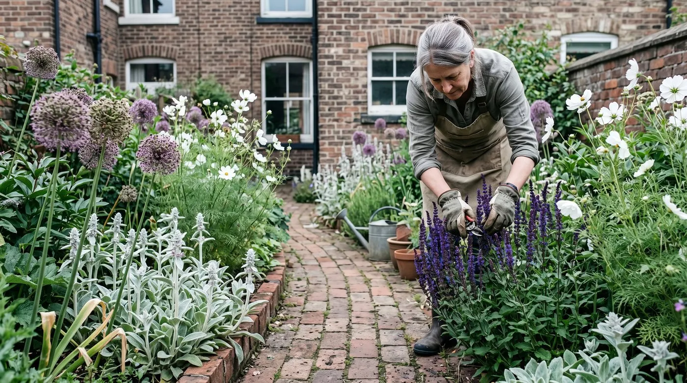 Woman deadheading violet salvia in a cool border of purple alliums, silver lamb's ears and white cosmos