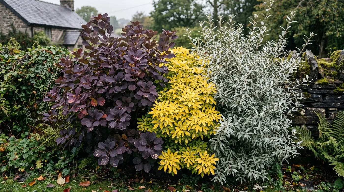 Border of purple smoke bush, golden Choisya Sundance and silver elaeagnus leaves with no flowers