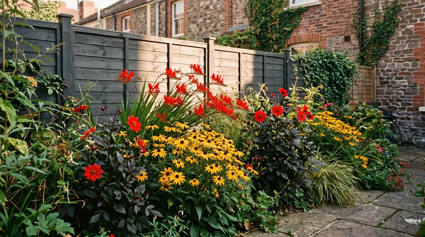 Hot border of scarlet crocosmia, golden rudbeckia and dark-leaved red dahlias in front of a charcoal fence
