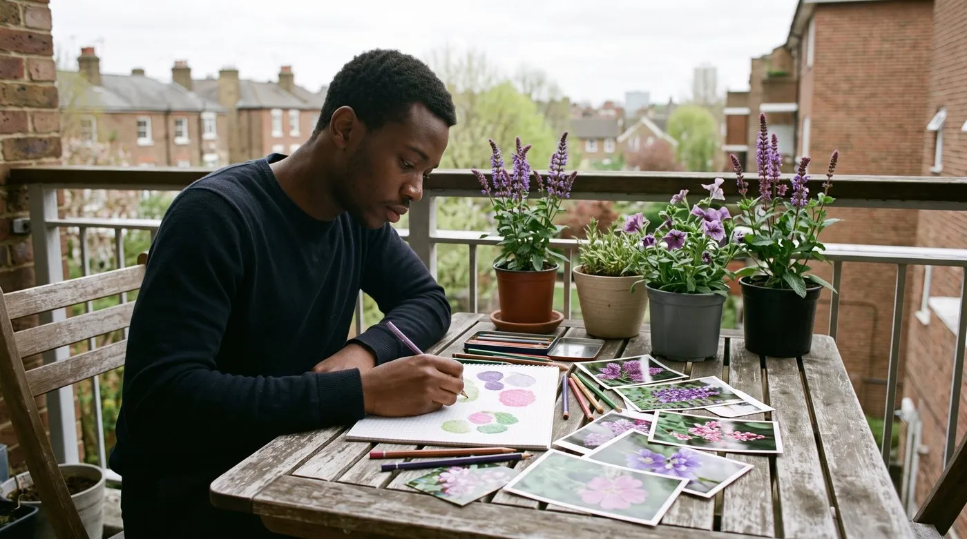 Man colouring a border plan on squared paper with coloured pencils at a balcony table