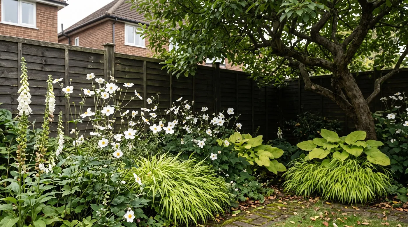 Shady garden corner brightened by white anemones, white foxgloves and golden grasses against a dark fence