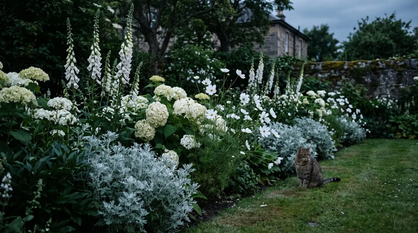 White border of cosmos, foxgloves and Annabelle hydrangea glowing at dusk, with a tabby cat on the lawn
