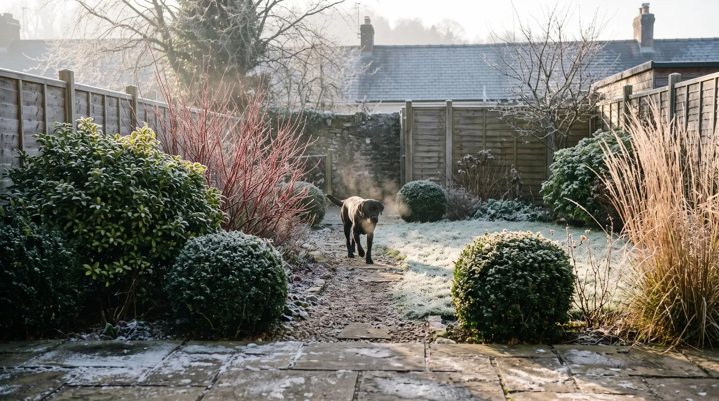 Small back garden in winter frost with clipped yew balls, an evergreen shrub, red dogwood stems and a dog on the path