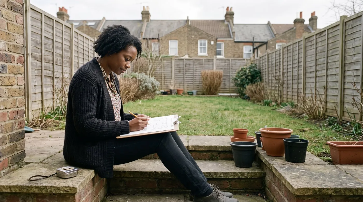 Woman sitting on a back step sketching a simple garden layout on a clipboard with a tape measure beside her