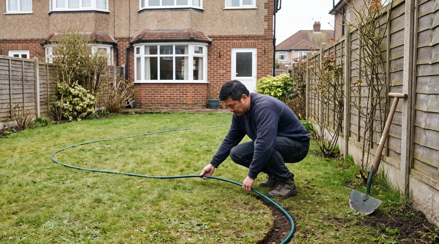 Man using a hose to mark out a 1.5m deep curved border on a lawn as part of garden design