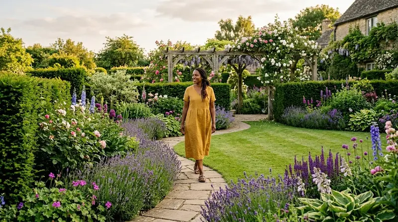 Beautiful UK garden showing garden design principles with structured borders, a curving stone path