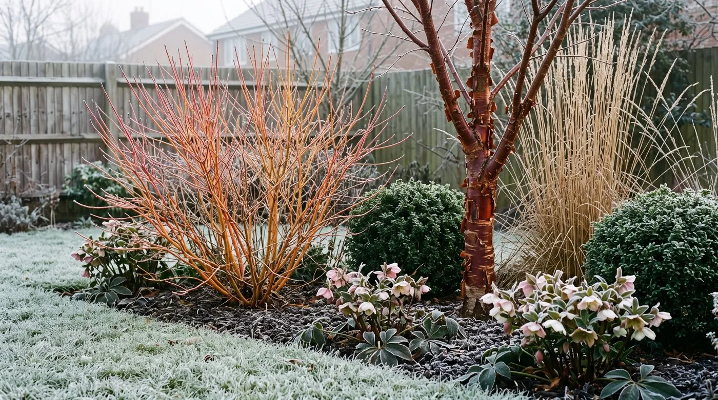 Winter garden design with fiery dogwood stems, red Prunus serrula bark, golden grasses and yew balls