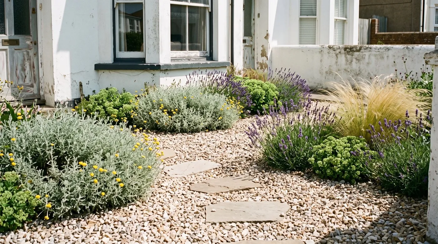 Sunny gravel garden with santolina, lavender, sedum and feathery stipa grass around stepping stones