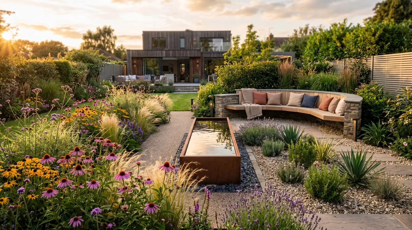 Modern UK garden design trends with naturalistic perennial planting, cor-ten steel water feature, and outdoor seating area