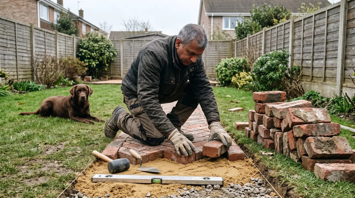 Gardener laying reclaimed red bricks in a herringbone path with a pile of old bricks and a Labrador nearby