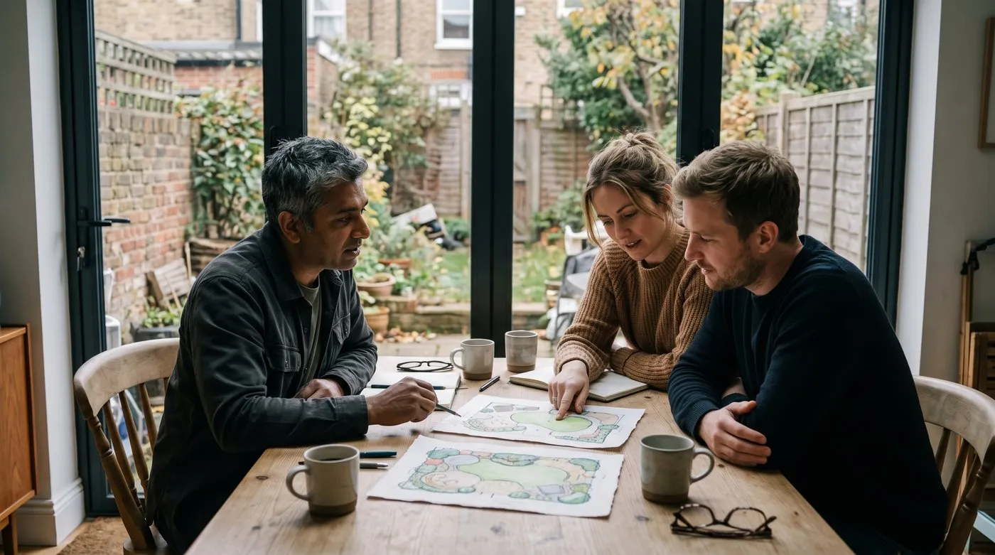 Designer and couple comparing two hand-drawn garden layout sketches at a dining table