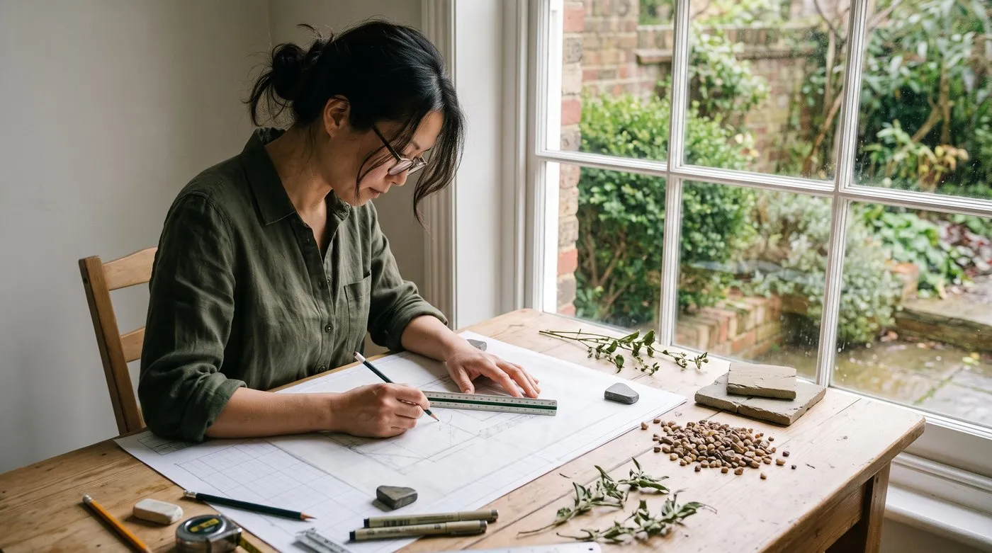 Garden designer drawing a scaled garden layout by hand on tracing paper with paving samples beside it