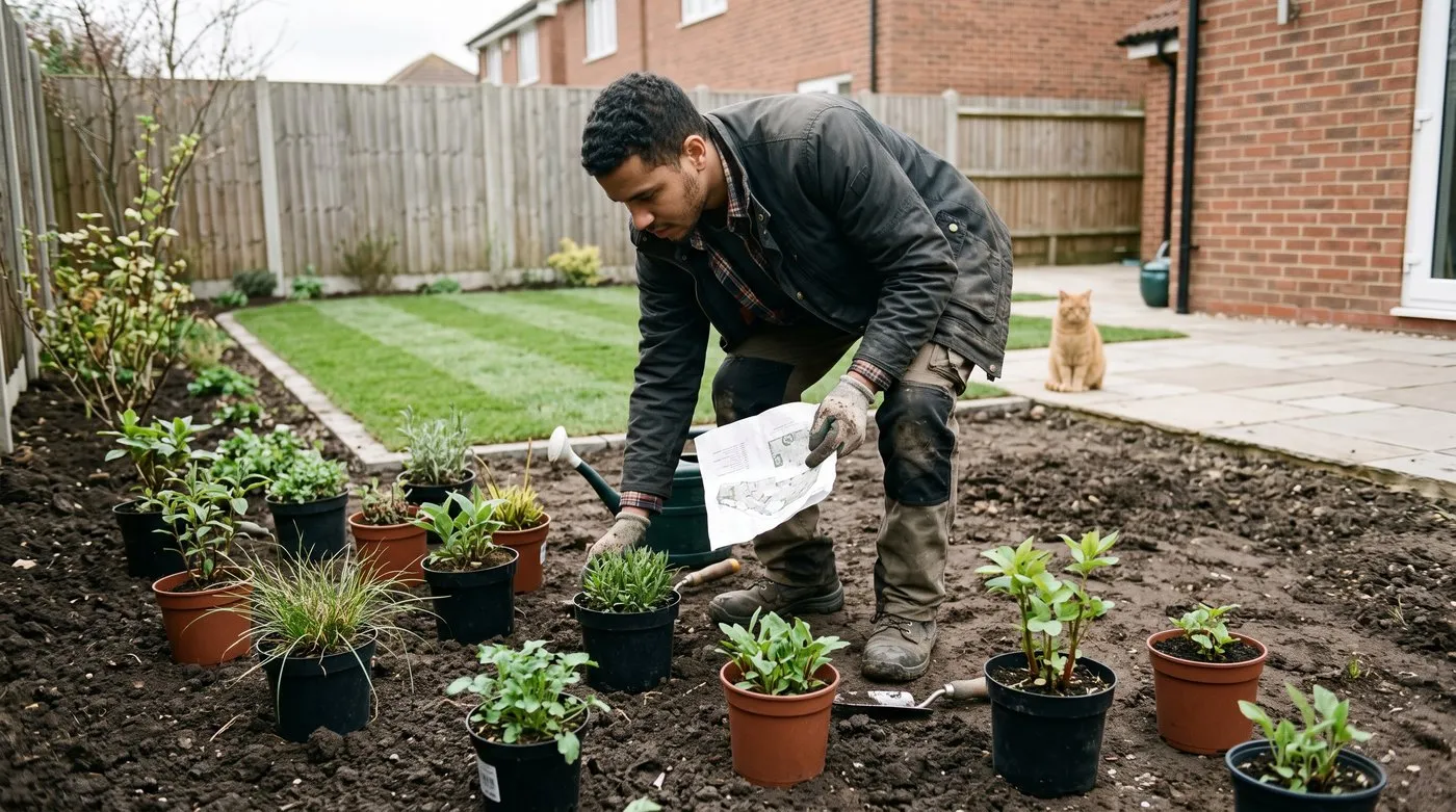 Homeowner setting out potted perennials in a new border while checking a printed planting plan, cat watching