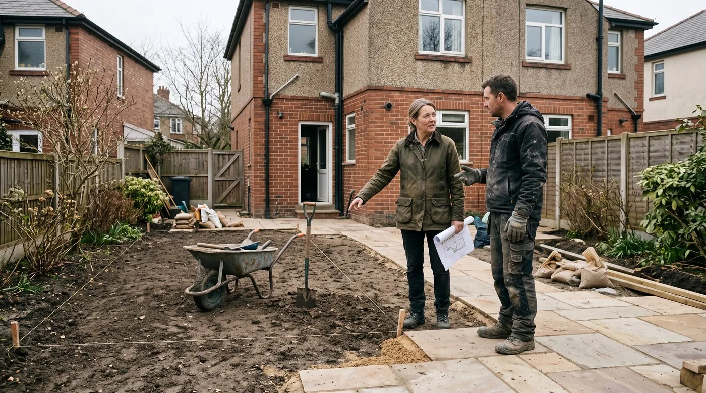 Garden designer with a plan talking to a landscaper beside new paving and pegged-out string lines