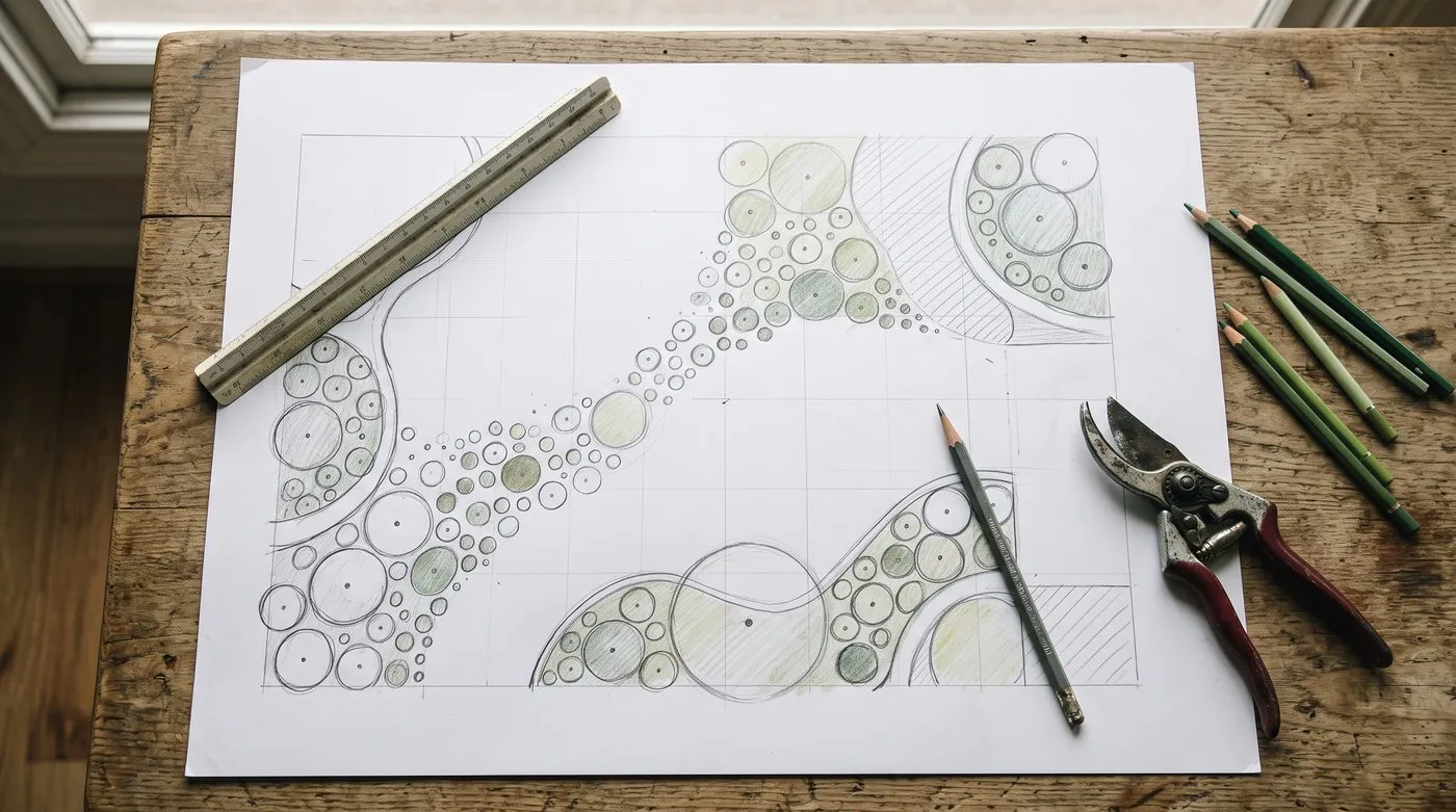 Hand-drawn planting plan with circles showing plant groups inside curved borders, with a scale ruler and pencil