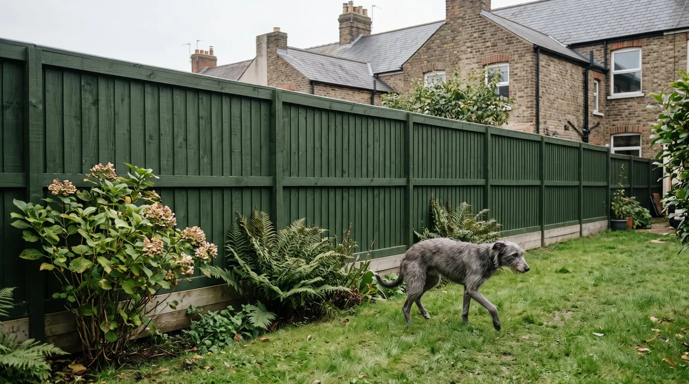 Lurcher on a lawn beside a deep green close-board fence with a gravel board sealing the base