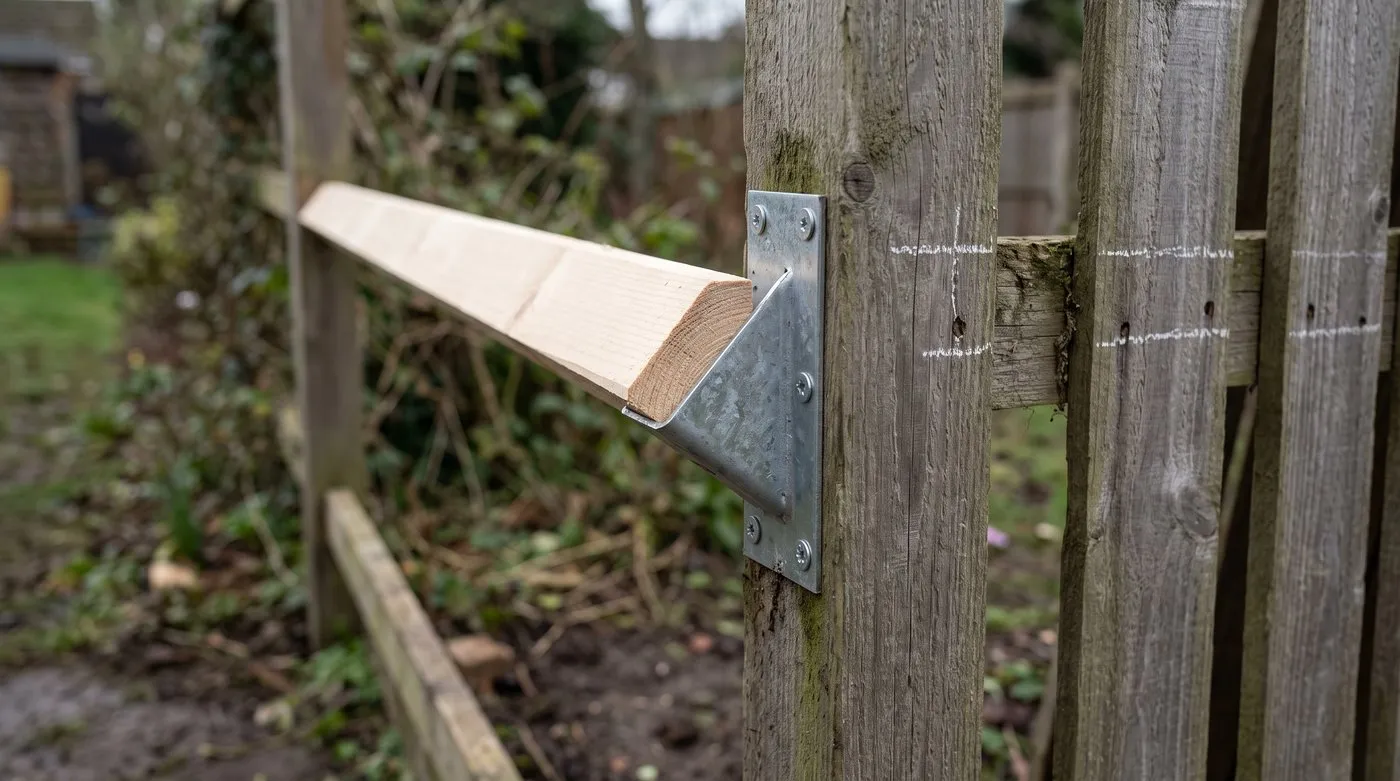 Galvanised arris rail bracket on a fence post holding a new triangular rail during a close-board repair