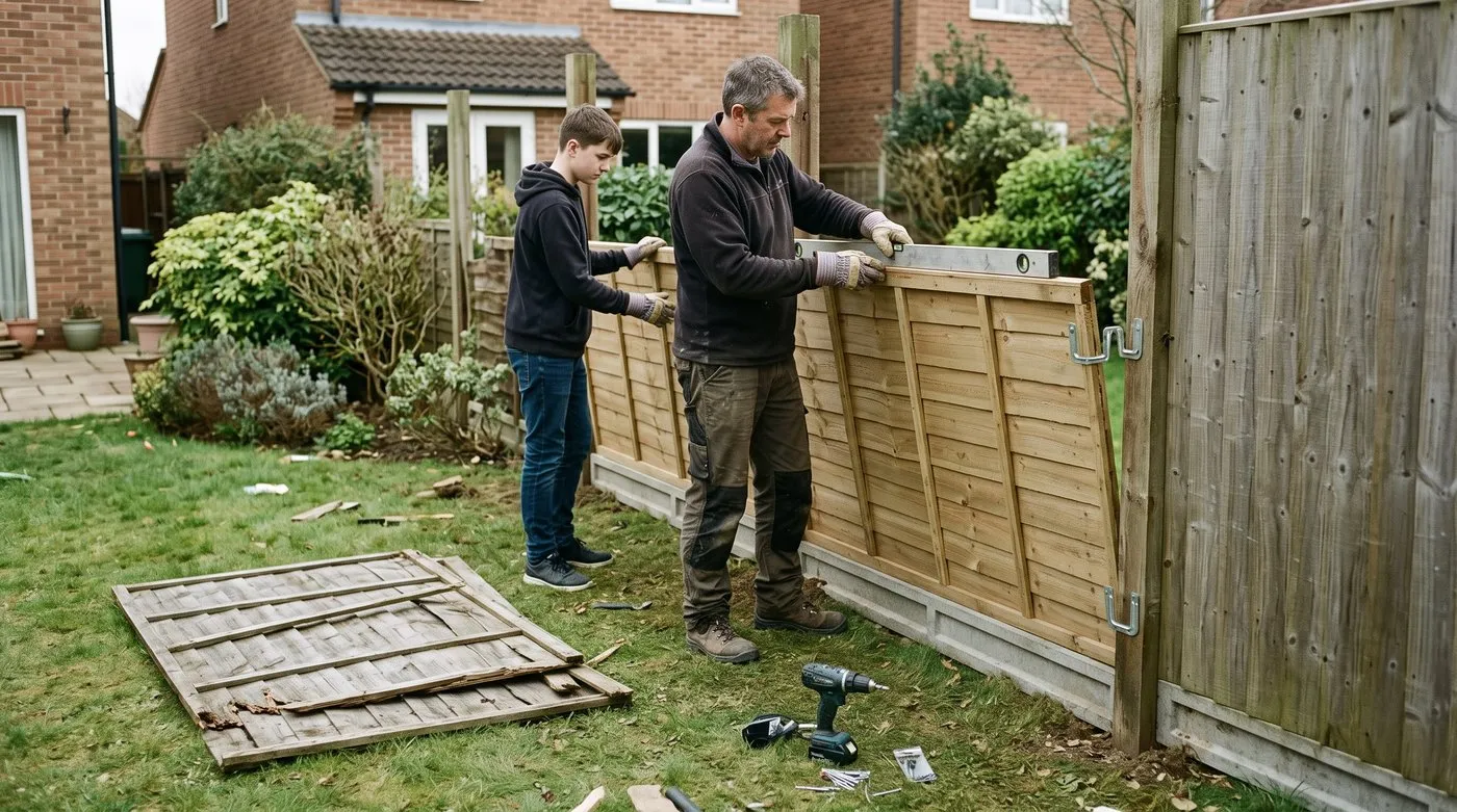 Father and teenage son fitting a new fence panel into metal clips and checking it with a spirit level