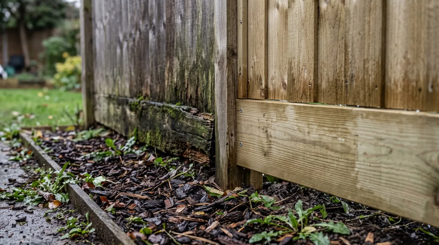 New gravel board keeping a fence panel off damp soil beside an older panel rotting at the base