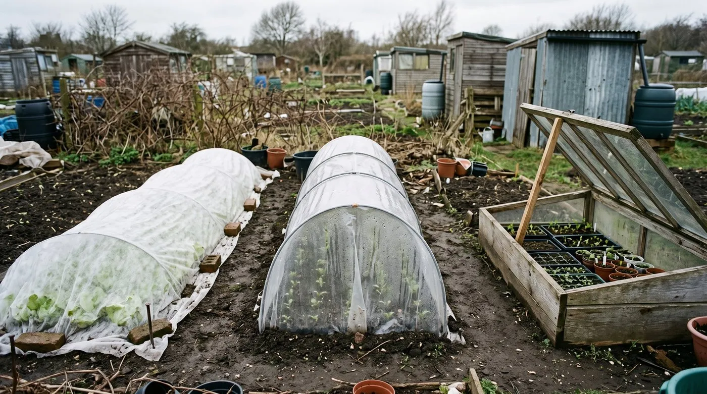 Allotment bed under garden fleece next to a plastic tunnel cloche and a wooden cold frame in spring