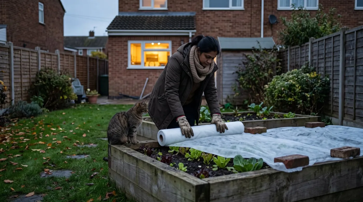 Gardener laying garden fleece over a raised bed of winter salads at dusk while a cat watches