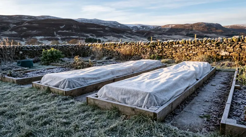 Vegetable beds covered with white garden fleece on a frosty Scottish plot at sunrise