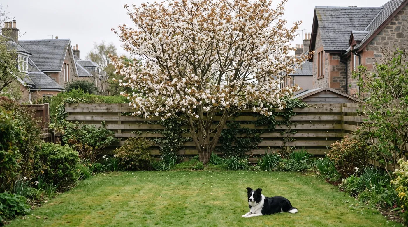 Multi-stemmed amelanchier in white spring blossom at the end of a lawn, with a dog on the grass
