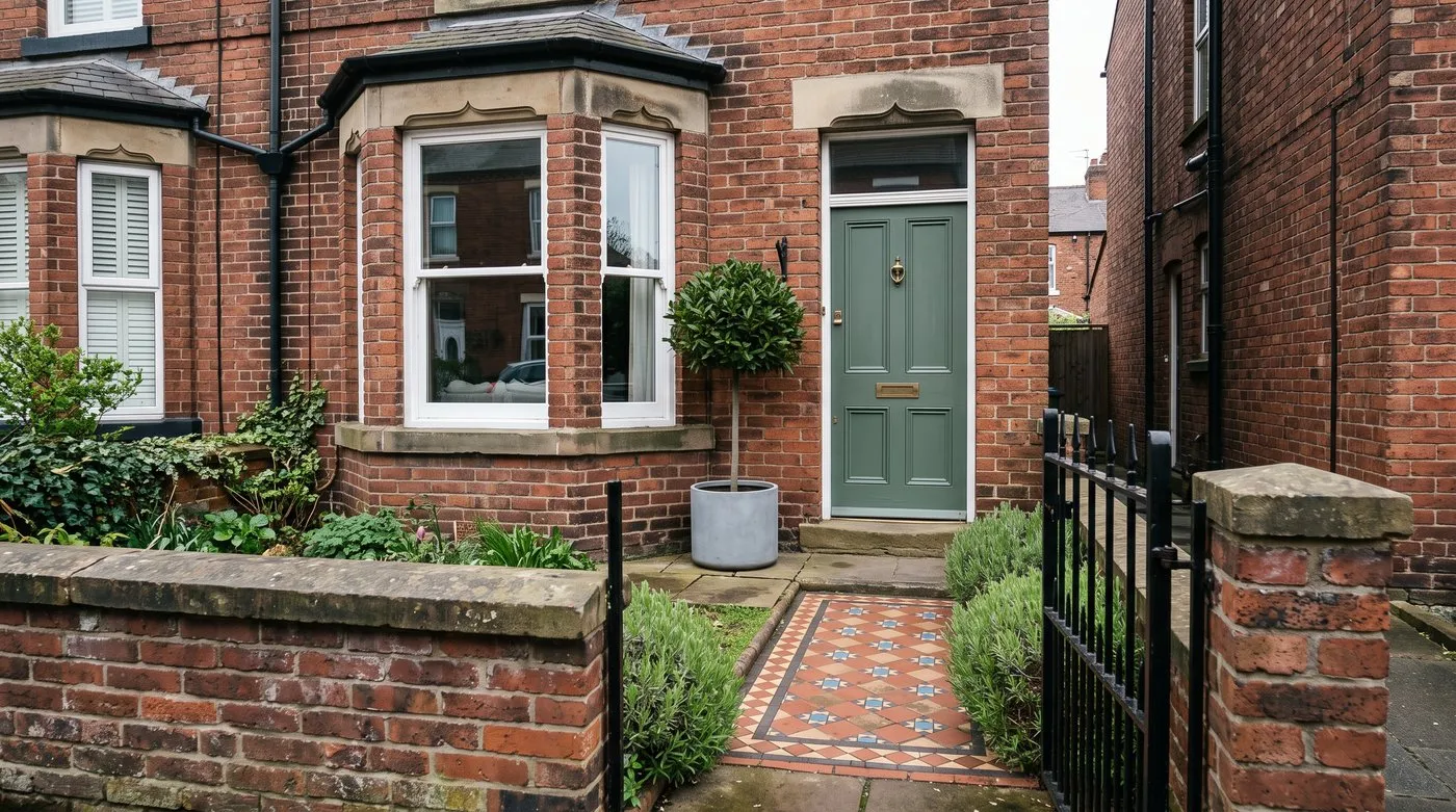 Clipped bay standard in a grey pot beside a sage green front door on a terraced house
