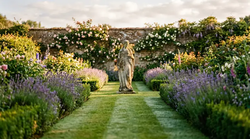 Stone statue as a garden focal point at the end of a long grass path in a UK cottage garden