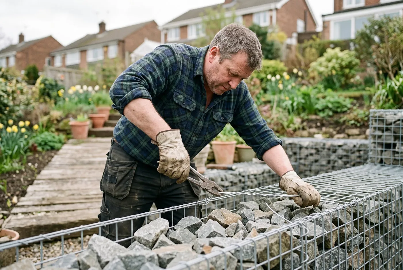 A gardener tensioning a galvanised bracing wire across a part-filled gabion retaining wall in a sloping suburban back garden