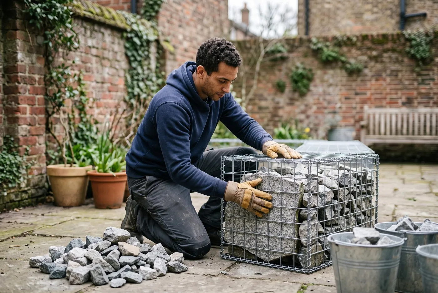 Gardener hand-packing angular grey granite into a part-filled gabion cage in a walled brick courtyard