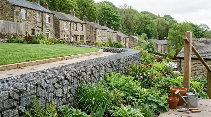 A curved garden gabion retaining wall filled with angular grey granite in a sloping garden below stone terraced cottages