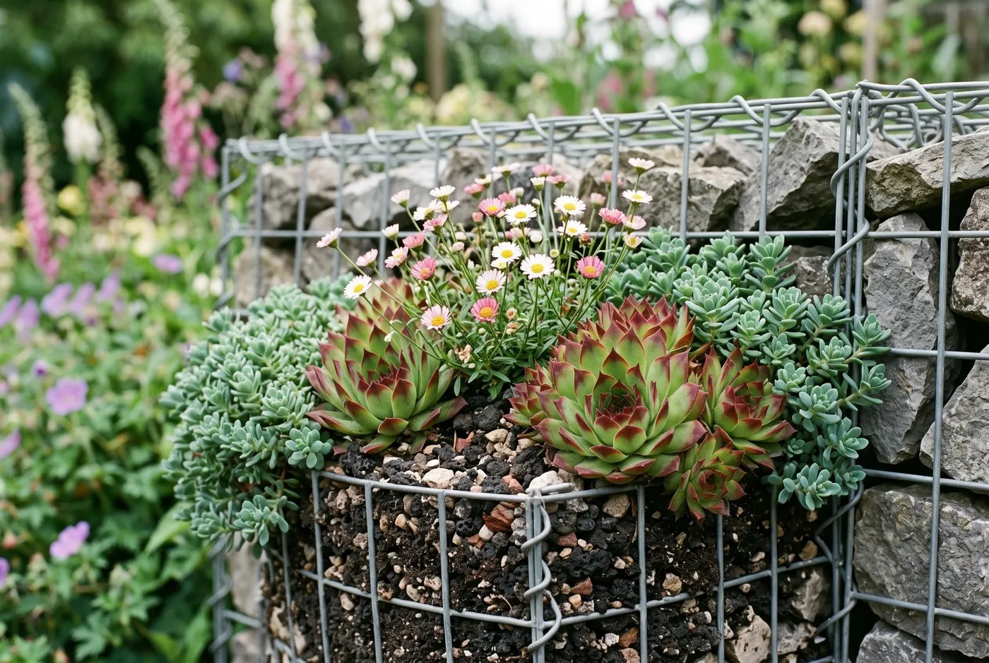 Planting pocket of sempervivum, sedum and Erigeron in the top of a gabion wall face in a cottage border