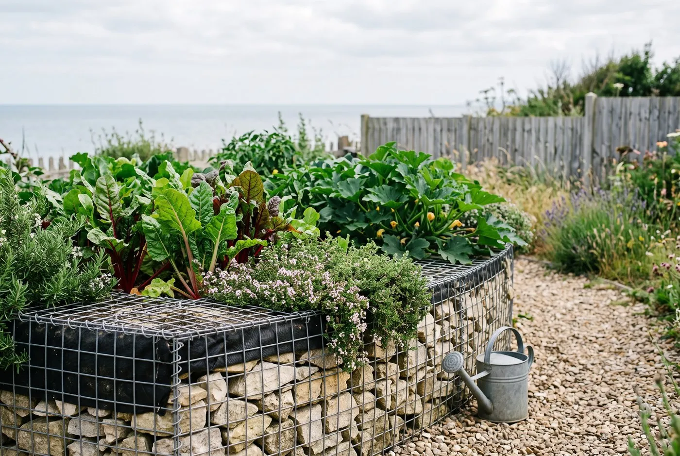 A gabion raised bed of vegetables and herbs in a seaside garden, with a geotextile liner just visible at the rim