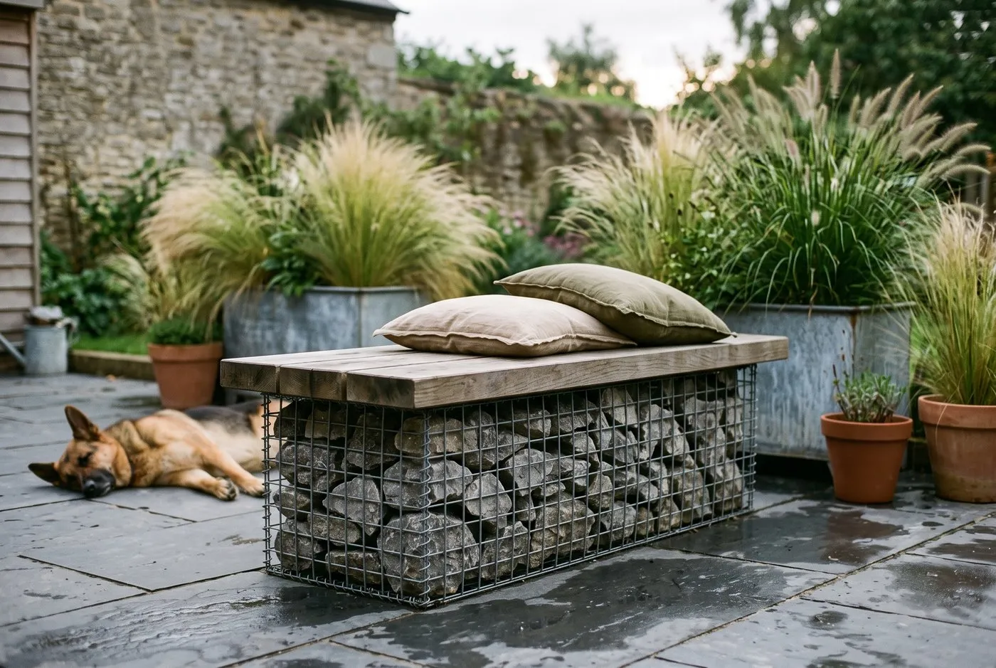 A finished gabion garden seat with a treated timber top and cushions on a stone-walled slate patio, dog asleep nearby