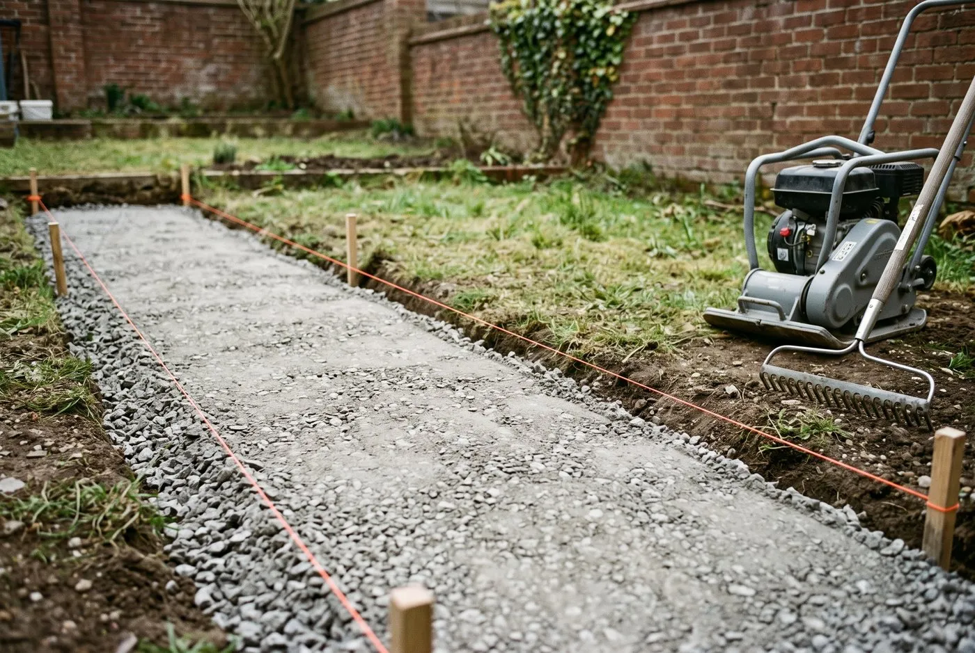 Compacted MOT Type 1 sub-base with a taut string line in a walled back garden, ready for gabion cages
