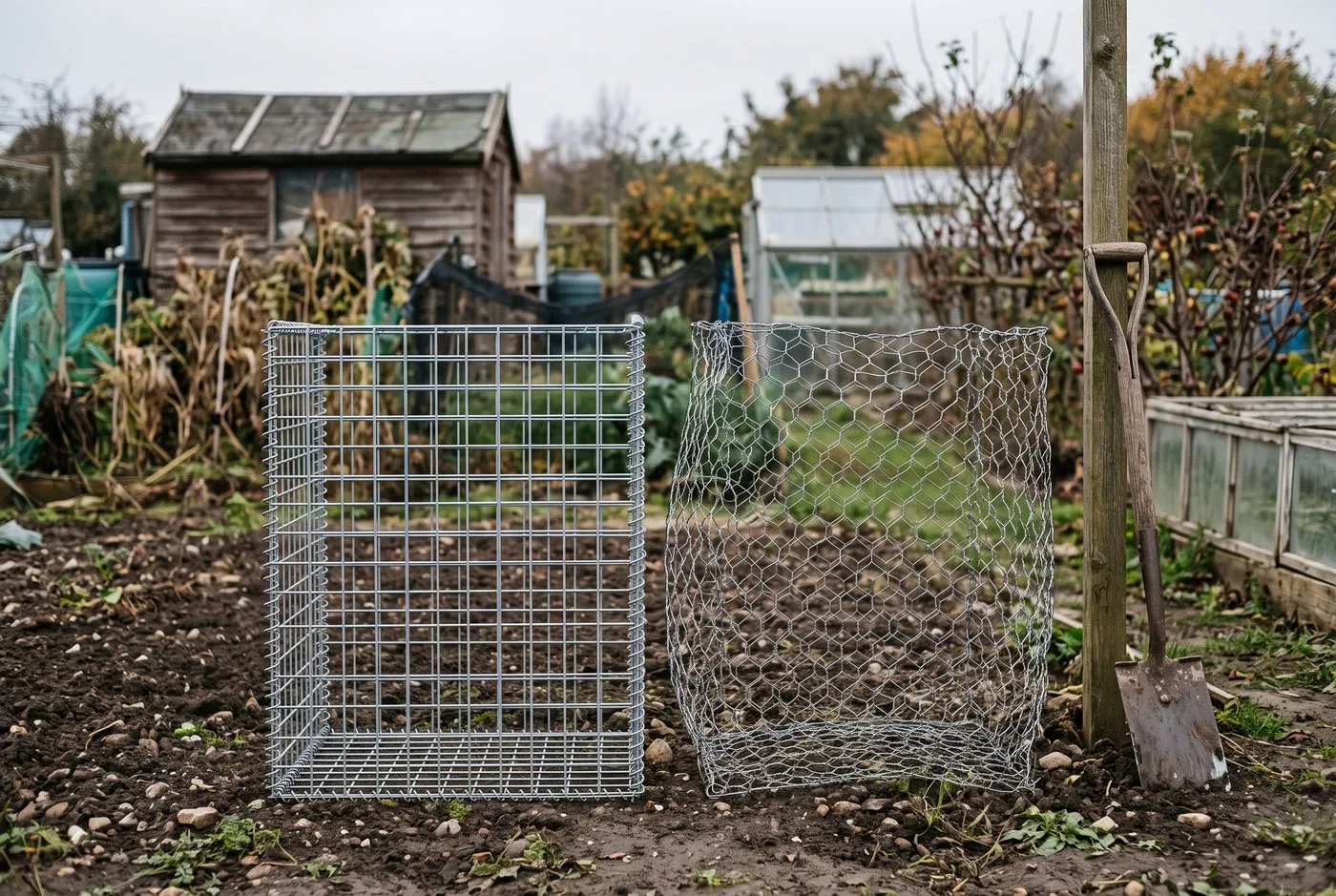 Welded and woven hexagonal gabion baskets side by side on an allotment plot, rigid grid against twisted mesh