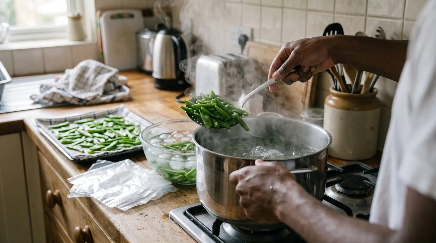 Green beans being lifted from boiling water to go into a bowl of iced water before freezing