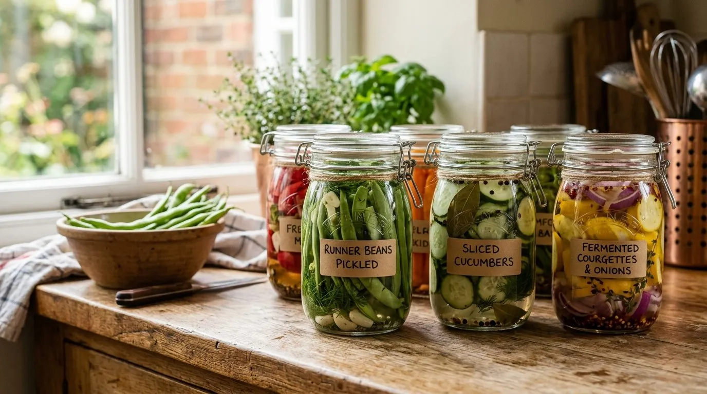 Glass Kilner jars filled with homemade pickled and fermented garden glut produce on a UK kitchen counter