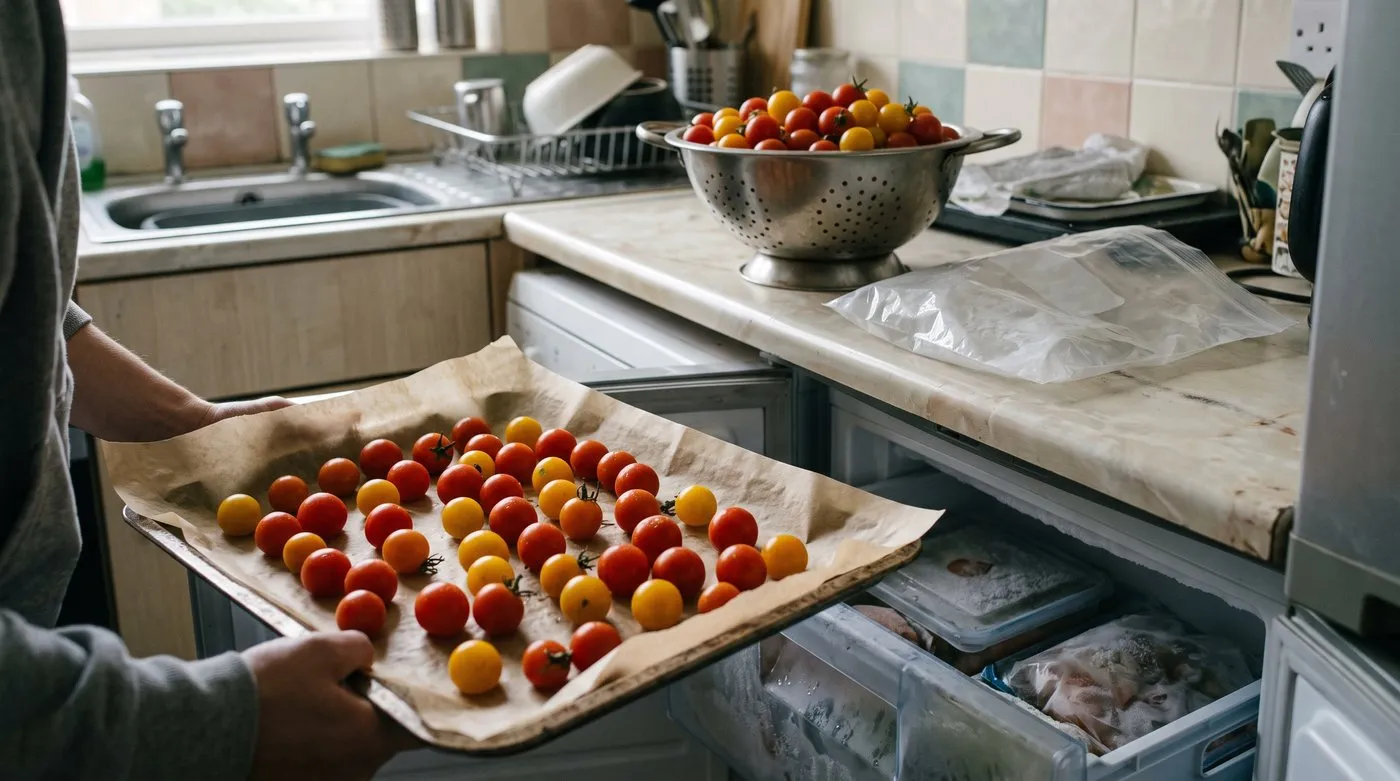 Whole cherry tomatoes spread on a lined baking tray ready to freeze, with a colander of more beside it