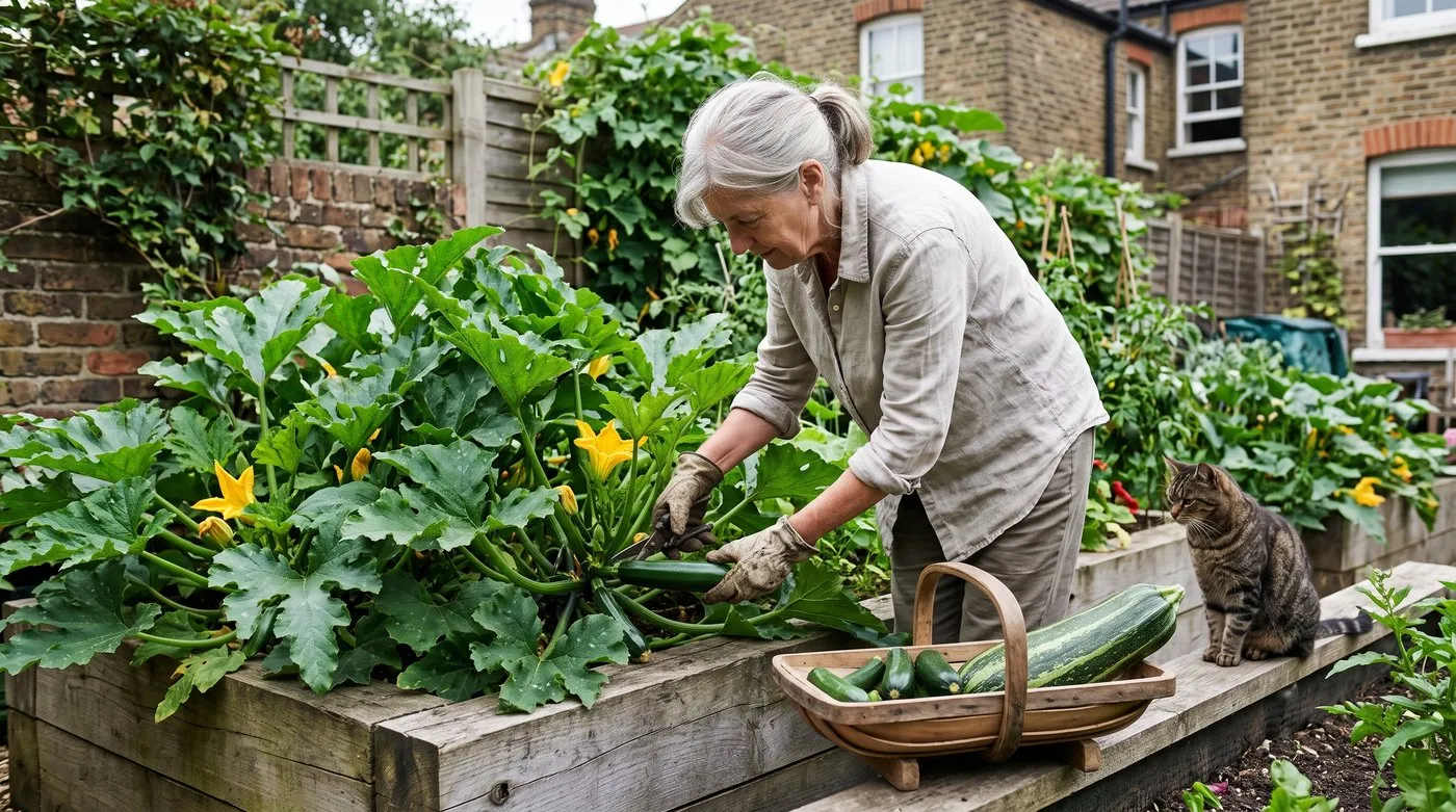 Gardener cutting a small courgette from a plant in a raised bed with a trug of courgettes and a marrow beside her