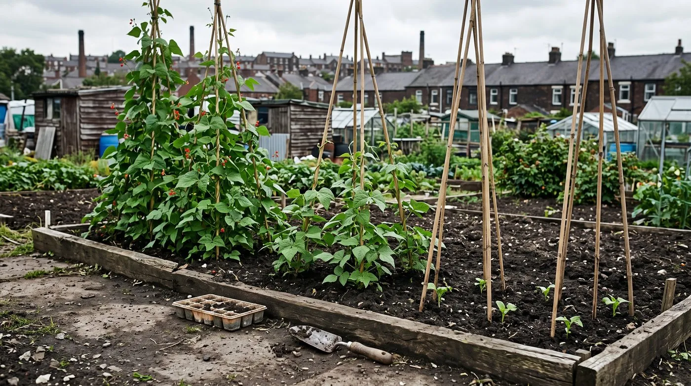 Allotment rows of runner beans sown a few weeks apart, showing tall, medium and seedling plants